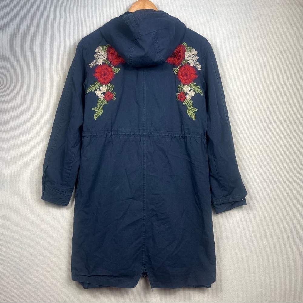 Tea N Rose Hooded Utility Trench Coat Jacket Floral Embroidery Boho‎ Size S/M